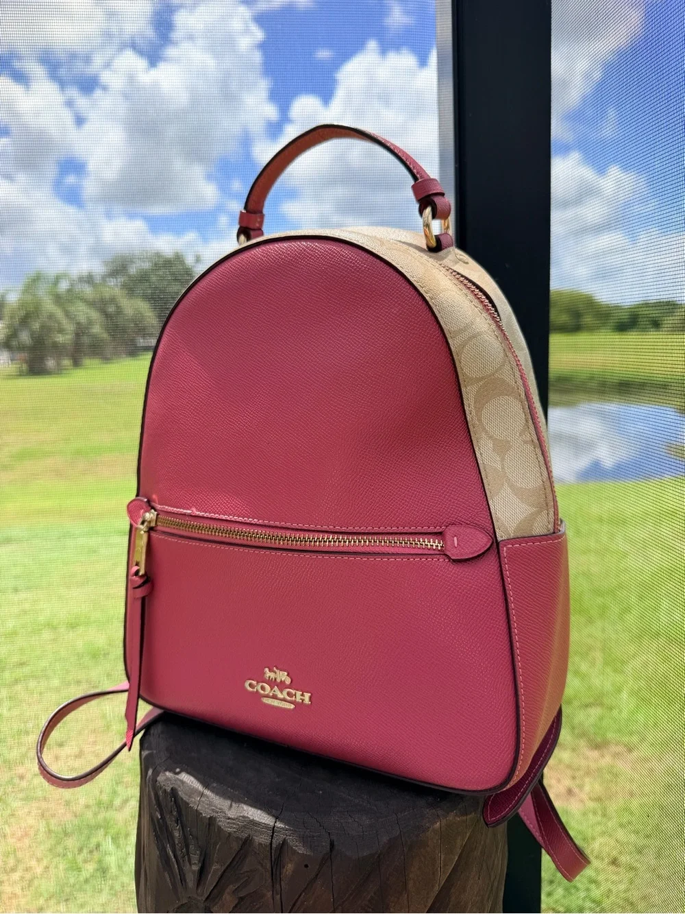 Coach Jordyn Backpack F76622 Rouge Pink Signature Canvas Leather